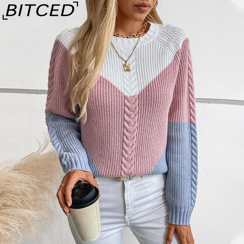 BITCED Colour-Blocked Cable-Knit Women's Sweater Autumn/Winter Vintage Oversized Pullover Knit Top