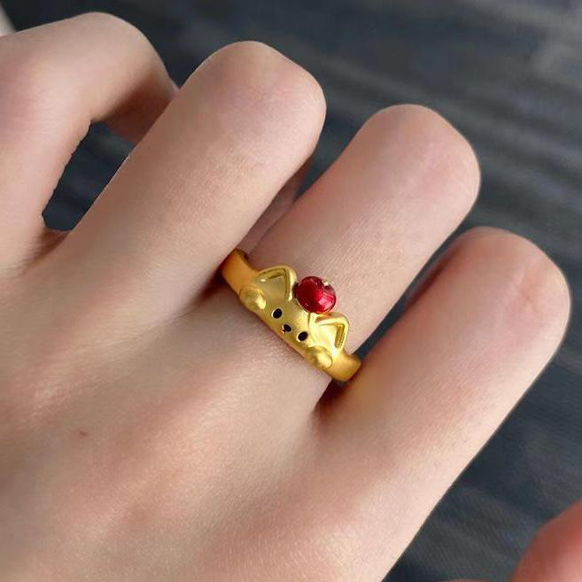 Cartoon Gold Retro Red Apple Kitten Ring Cute Simple Fashionable Foreign High-end Sense Niche Unique Ring