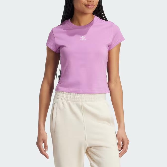 Adidas Originals Essentials Solid Color Small Logo Round Neck Slim Fit Short Sleeve T-Shirt Women Tops Purple IY7337
