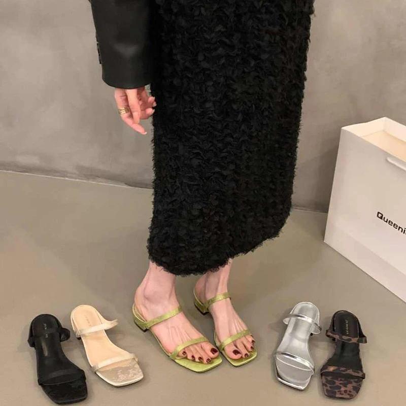 Summer Leopard Square Toe Women Slippers Elegant Low Heel Slide Ladies Outdoor Beach Dress Sandalias