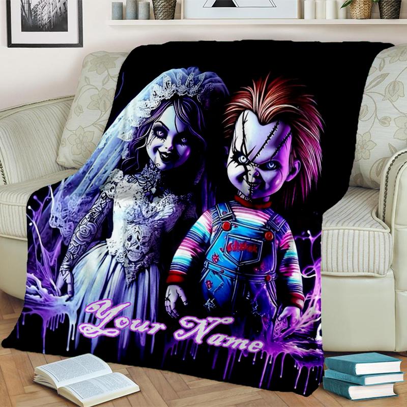 1PC Custom Name Horror Dolls Halloween flannel blanket versatile, all-season throw suitable for the living room, bedroom, camping, travel, and gift