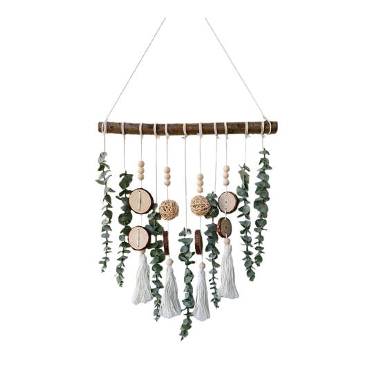 Bohemian Artificial Plants Hanging Tapestry, Handmade Tapestry with Wooden Beads Chips, Living Room Bedroom Wall Art Decoration
