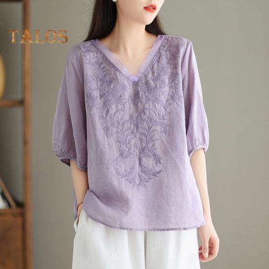 Women Summer Tops V-neck Half Sleeve Embroidery Pattern Pullover Tops Solid Color Loose Fit Commuting Style Tops