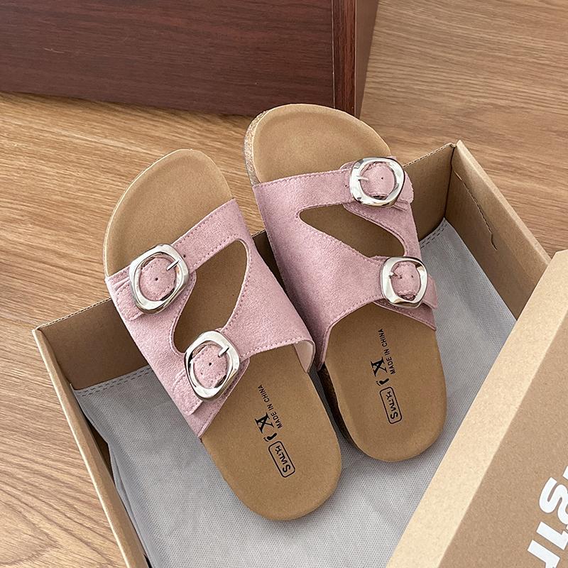 Fashion Flat flip-flops women's summer new round toe open-toe metal belt buckle one-foot slip-on lazy wear beach sandals and slippers
