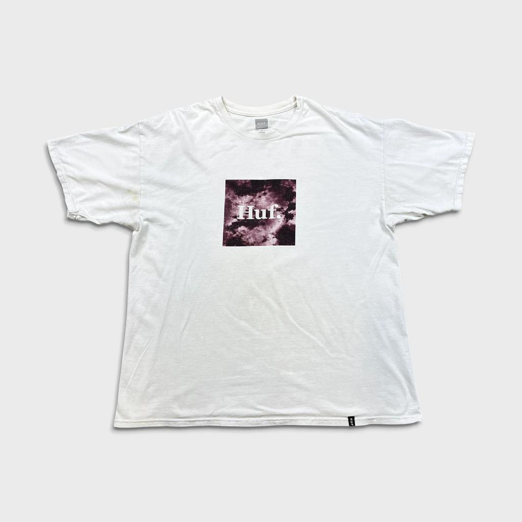 HUF Box Logo T Shirt Mens XL White Distressed Short Sleeve Graphic Skate Tee