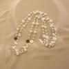 Women Necklace Double Layers Faux Pearl Camellia Decor Sweater Decoration Contrast Color Stainless Smooth Adjustable Women Jewelry
