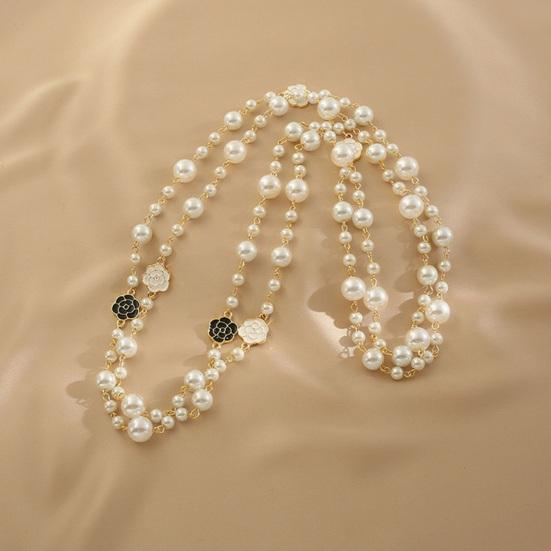 Women Necklace Double Layers Faux Pearl Camellia Decor Sweater Decoration Contrast Color Stainless Smooth Adjustable Women Jewelry