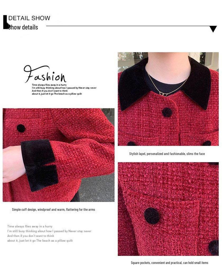 2025 Elegant Petite Red Wool Jacket - Felt French-Korean Style for Women