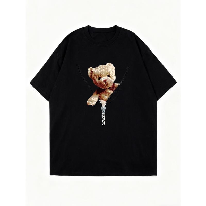 Teddy Bear Zipper Print Oversized T Shirt Black Cute Bear Design For Casual Wear And Street Style Fashion