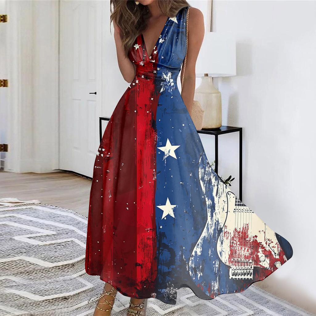 Women's Sleeveless V Neck Waist Tie Casual Maxi Dress with Printed Pattern for Summer Holiday Party Beach Outings