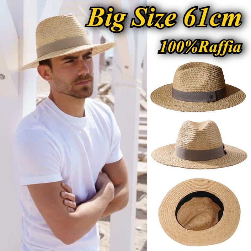 My Extreme Outdoor Activities Men's High-Quality Raffia Sun Hats Big Size 61Cm Hand Woven Straw Hats Travel Beach Sun Protection Panama Gentleman Fedoras Hats 59-61Cm
