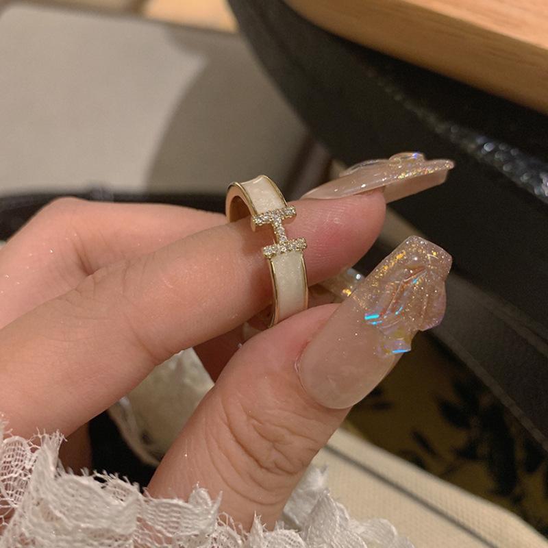 Letter H Ring, White Dripping Oil, Zircon, High-End Opening, Niche French Ring, Index Finger Ring, Female Tide.