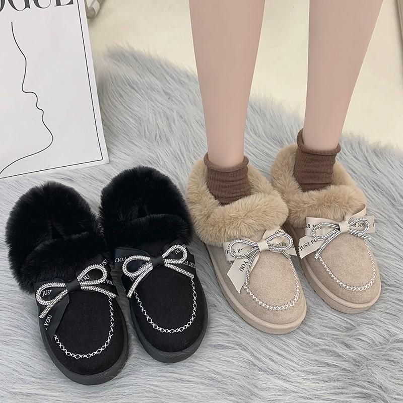 Damen Baumwollschuhe Herbst Winter Schleife Runde Zehenpartie Warm Flache Sohle Große Damenschuhe Plüschschuhe