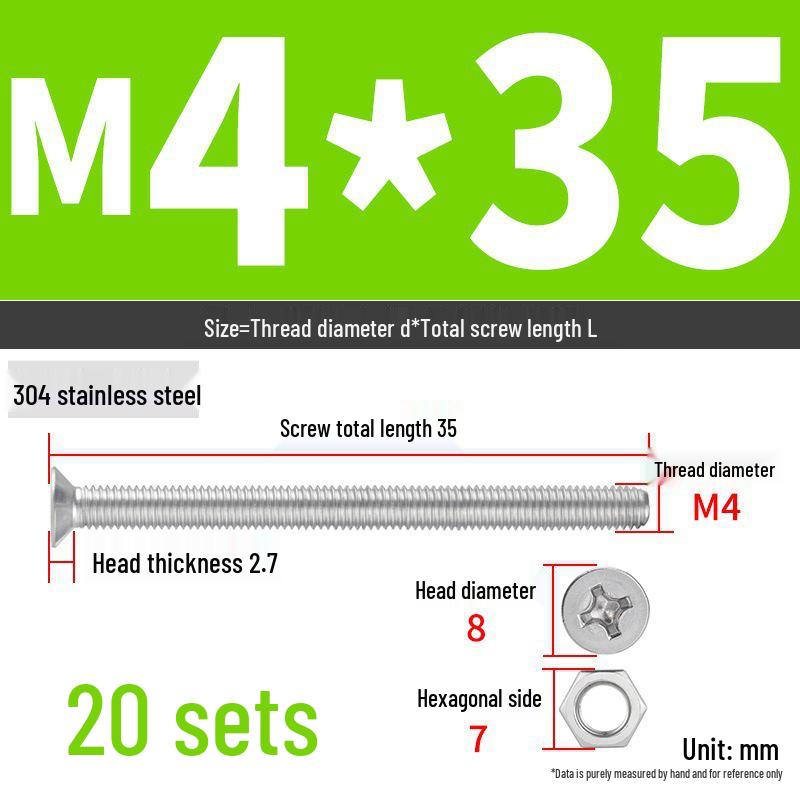 304 Stainless Steel Extra Long Phillips Flat Head Screws and Nuts Set (2M, 3M, 4M)