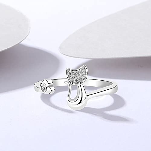 Cat One Size Fits 925 Metal Allergy Open Present for Platinum [Glam Jewelry] Ring, Most, Women's Ring, Silver, Compatible, Ring, Women, Popular,