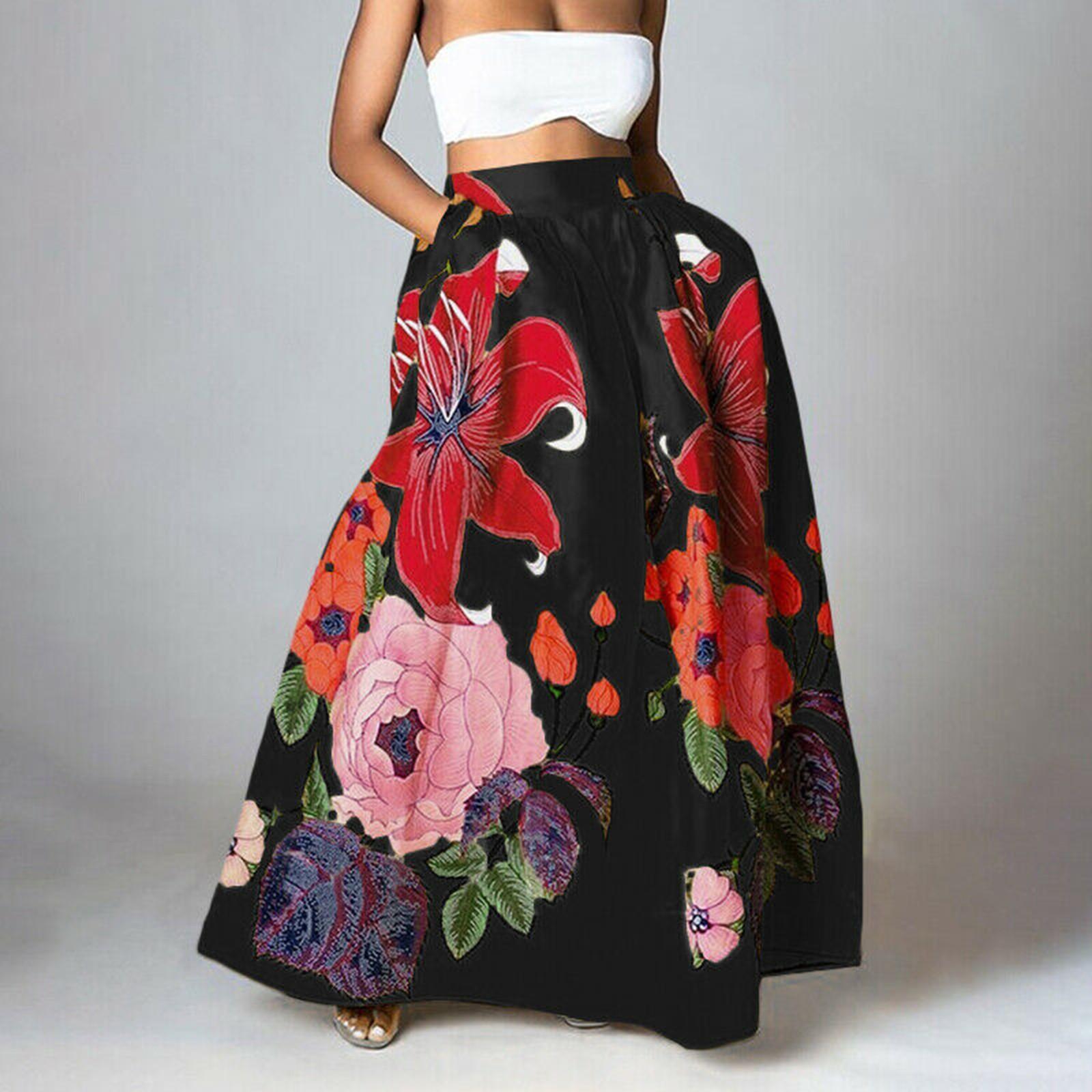 Women Bohemian Floral Print Skirt High Waist Party Beach Pocket Long Maxi Skirt XL
