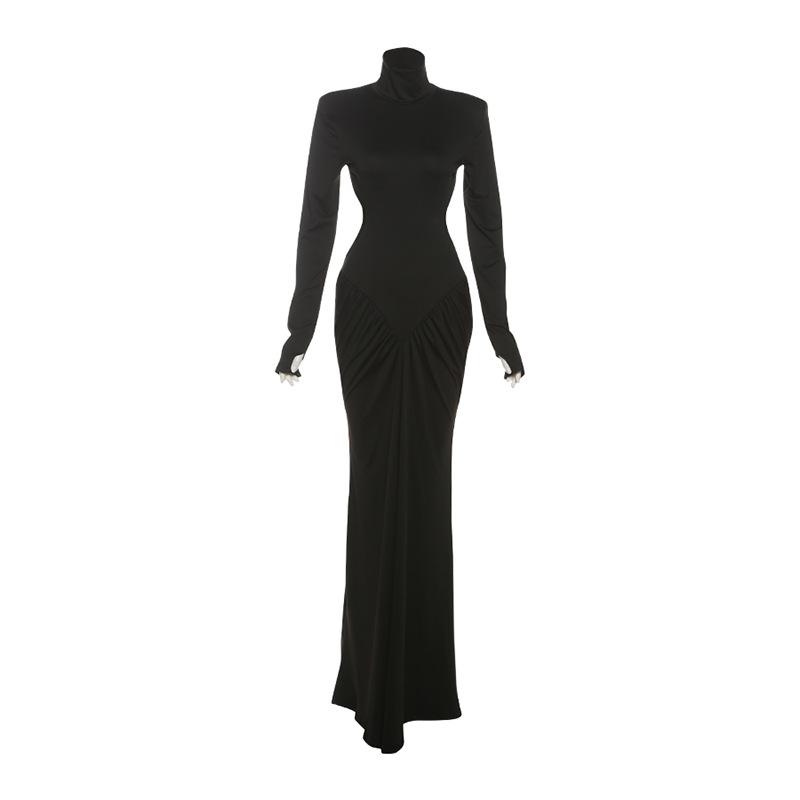 Women Maxi Dresses High Street Classic Full Sleeve Straight Shoulder Backless Vestidos Mujer Evening Wear
