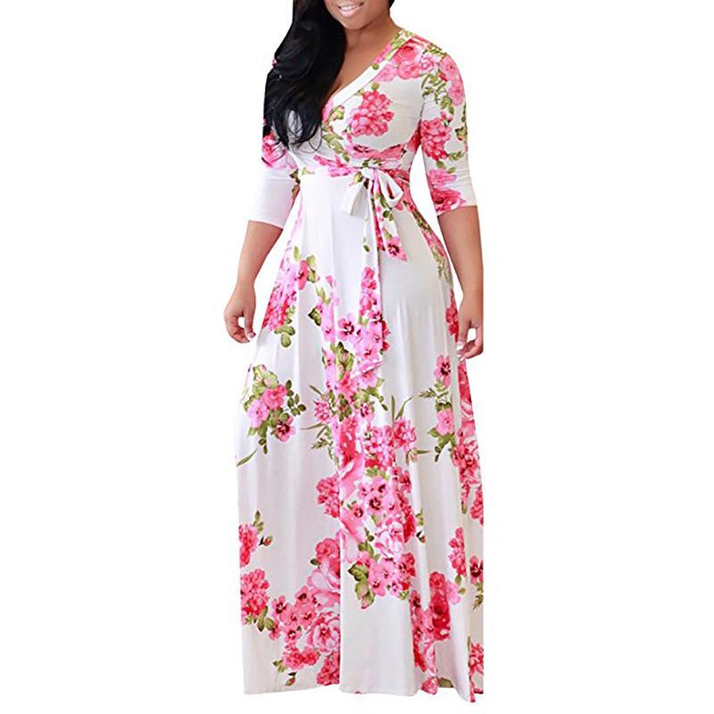 Women's V Neck Long Sleeve Printed Maxi Dress High Waist Casual Plus Size Gown
