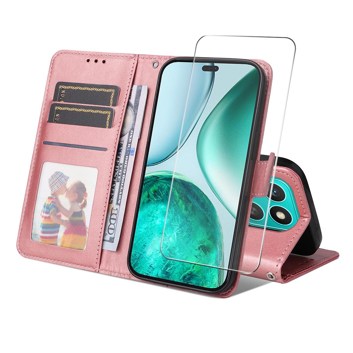 

For Honor X8c 4G PU Leather Wallet Case ENKAY HAT PRINCE Phone Stand Cover with Tempered Glass Pink