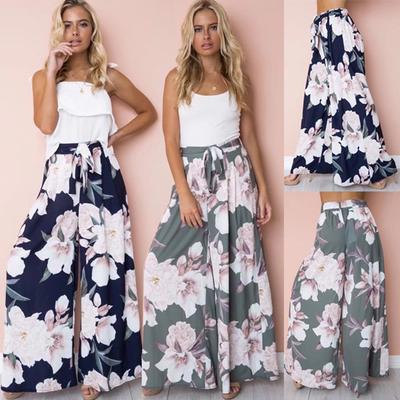 Women High Waist Wide Leg Pants Vintage Floral Printed Trousers Casual Loose Long Flare Pantalon