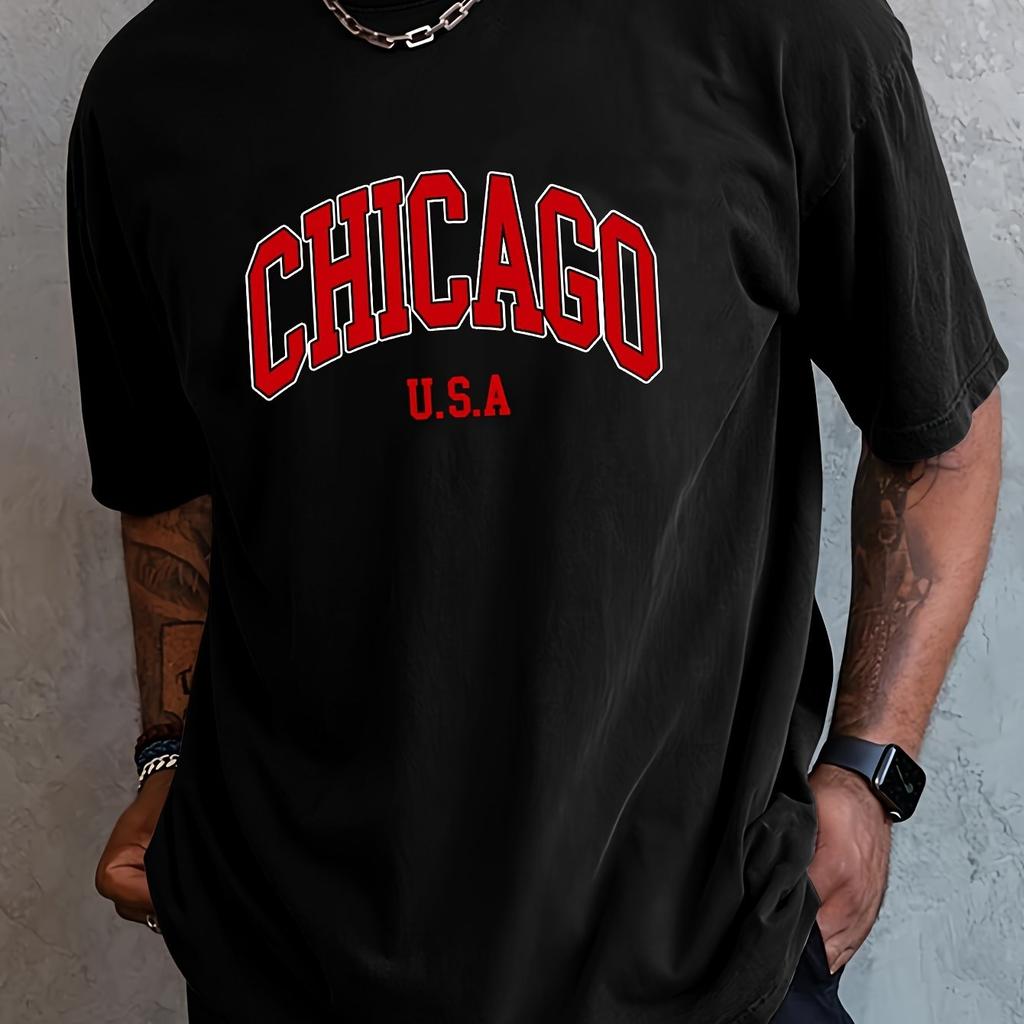 Unisexs Summer 100 Cotton Fashionable Casual Loose Plus Size Chicago USA Printed Sports Round Neck Short Sleeved Tshirt Top