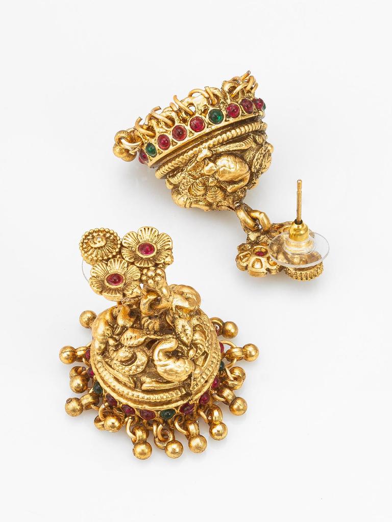 Gold-Plated Maroon Stone-Studded & Beaded Handcrafted Jewellery Set