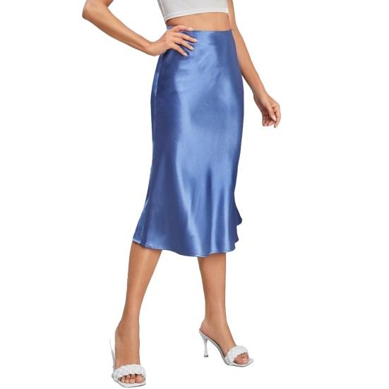 Women Midi Skirt High Waist Satin-Like Shiny Skirt Solid Color