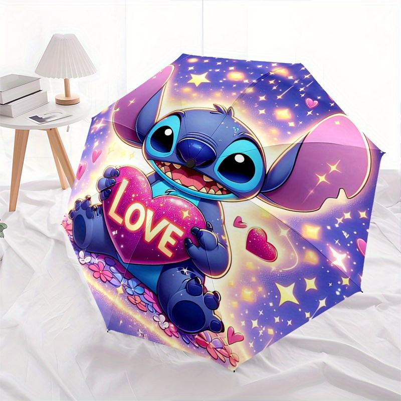 Stitch,Love Heart Fully automatic themed umbrella   8 ribs durable iron frame, tri fold compact design, perfect as a gift, travel umbrella,