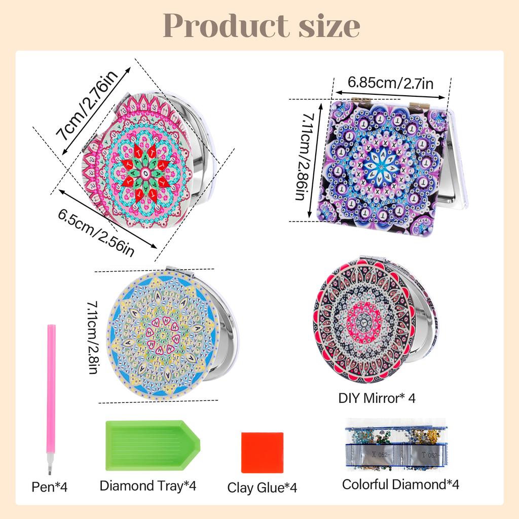 4 Pcs Portable Makeup Mirror DIY Diamond Painting Pocket Mirror Set Foldable Double-sided Makeup Mirrors for Girls Kid and Women
