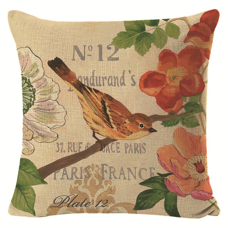 Village Style Rural Flower And Bird Sofa Pillow Cover Linen Spring Cushion Cover Car Waist Backrest Cover