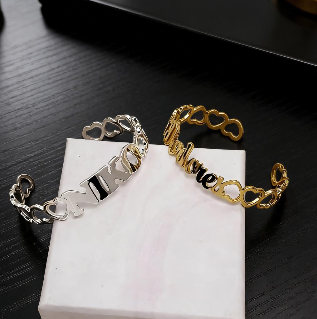 Atoztide Custom Name Bracelet for Women Men Stainless Steel Jewelry Hollow Heart Flower Bangles Personalized Birthday Gift