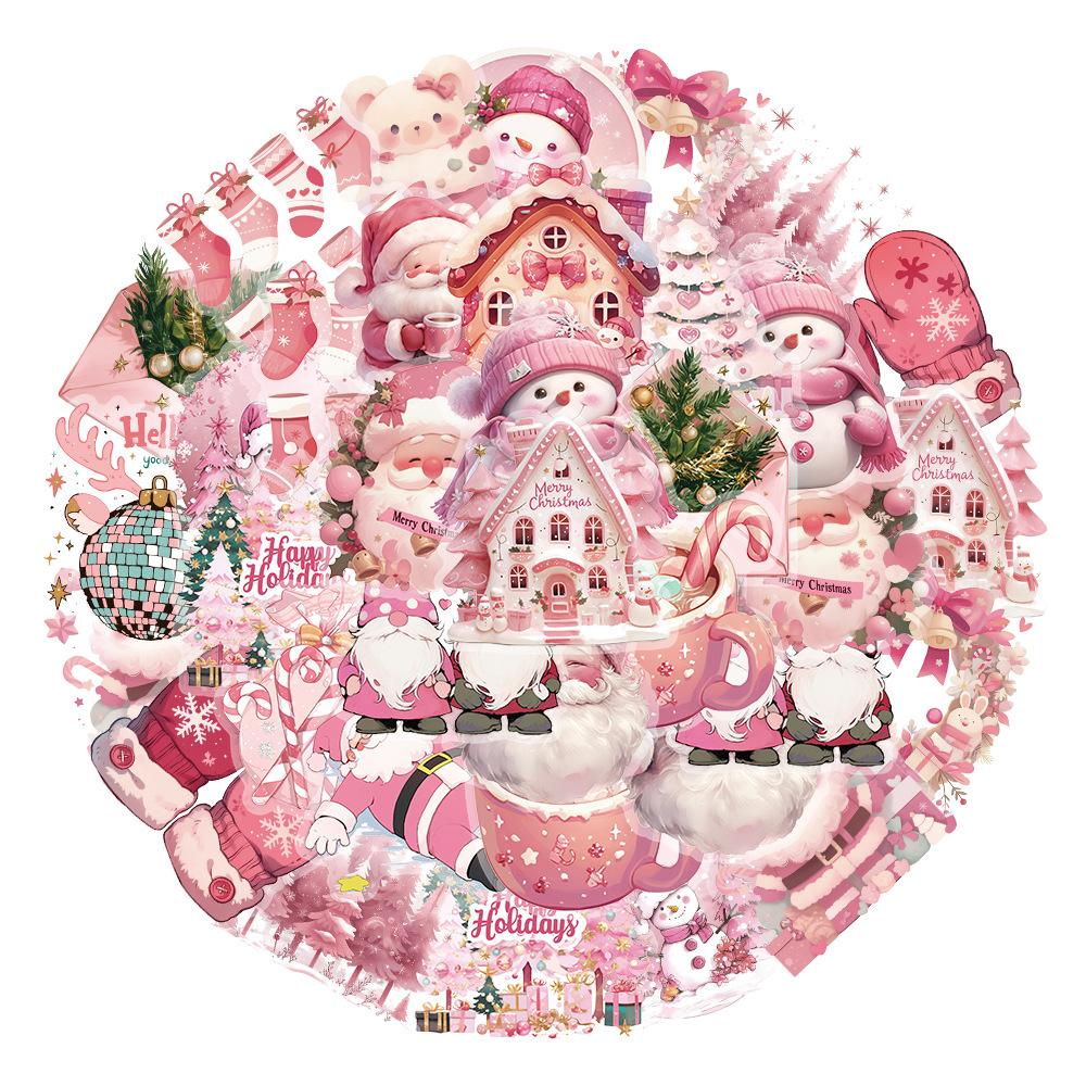 50pcs PET Pink Christmas Stickers Ins Style High Beauty Santa Claus Festival Personalized Decoration DIY Bookkeeping Stickers