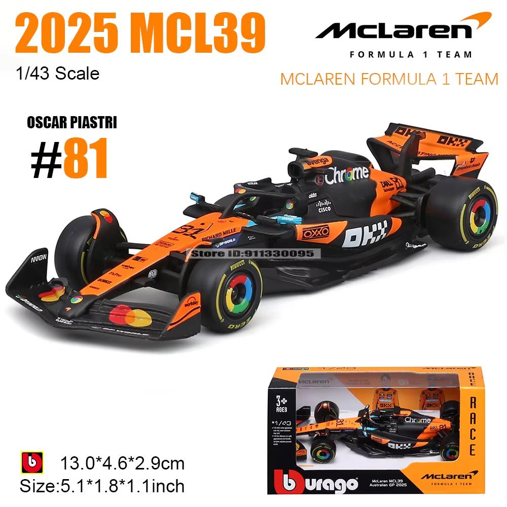 Burago 1:43 Legierung Druckguss Spielzeugauto Modell F1 McLaren UK Station Mcl39 Champion Fahrer #4 Lando Norris #81 Oscar Piastri