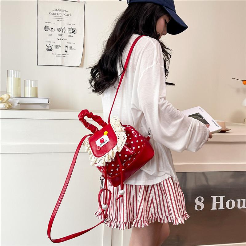 Korean Lace Mini Backpack Color Blocked Leather Dots Fashi Cute Small Backpack 2026 New Exquisite Texture Women's Backpack