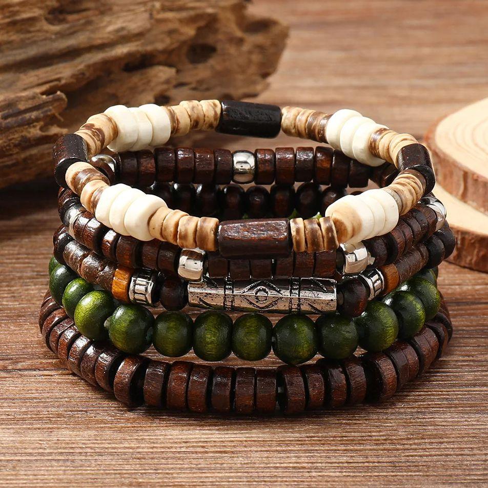 DIEZI Bohemian Multi layer Handmade Wood Beads Strand Bracelets For Women Men Ethnic Elastic Rope Bracelet Pulseira Feminina