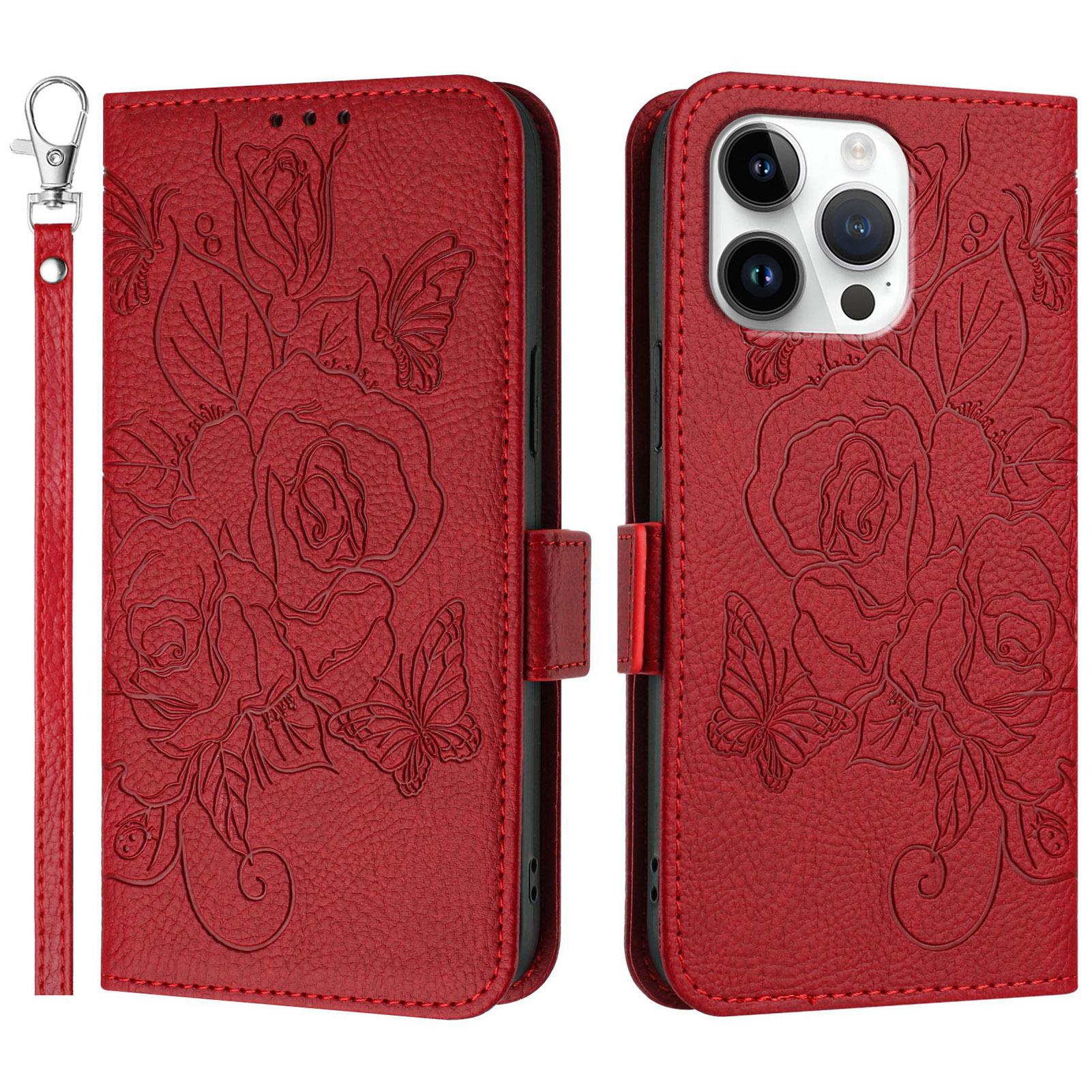 

For iPhone 16 Pro Max Case Rose Imprinted RFID Blocking Leather Phone Cover with Strap Red