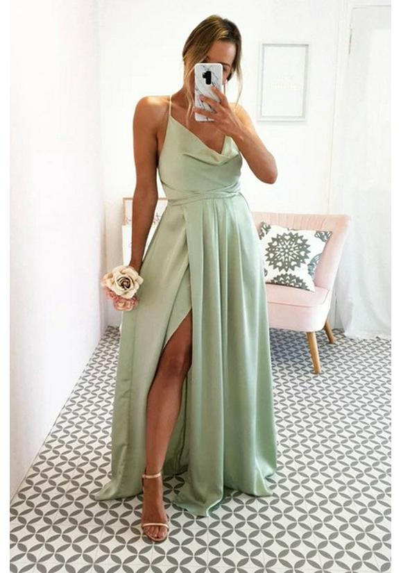 European and American Spaghetti Strap Evening Gown with Sexy Slit - New 2026 Women's Polyester Fashion