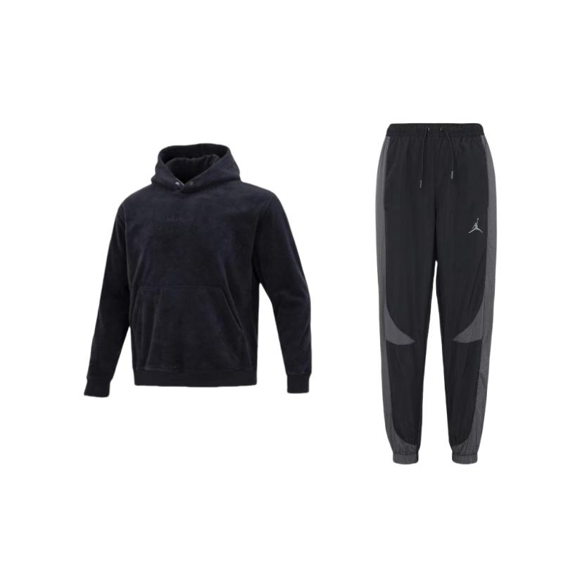 

Jordan Logo Embroidered Fleece Hoodie Long Sleeve Drawstring Cuffed Knit Pants Casual Sports Set Men sets Black DX9374-011+DV1572-010 M