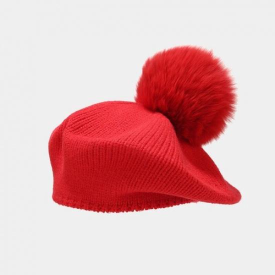 Женская вязаная шапка-берет с помпоном из искусственного меха, теплая шапка-бини, французская шапка, зимняя