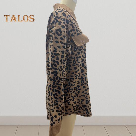 Women Spring Fall Coat Fake Chest Pocket Turn-down Collar Single-breasted Leopard Print Long Sleeves Mid Length Daily Wear Jacket