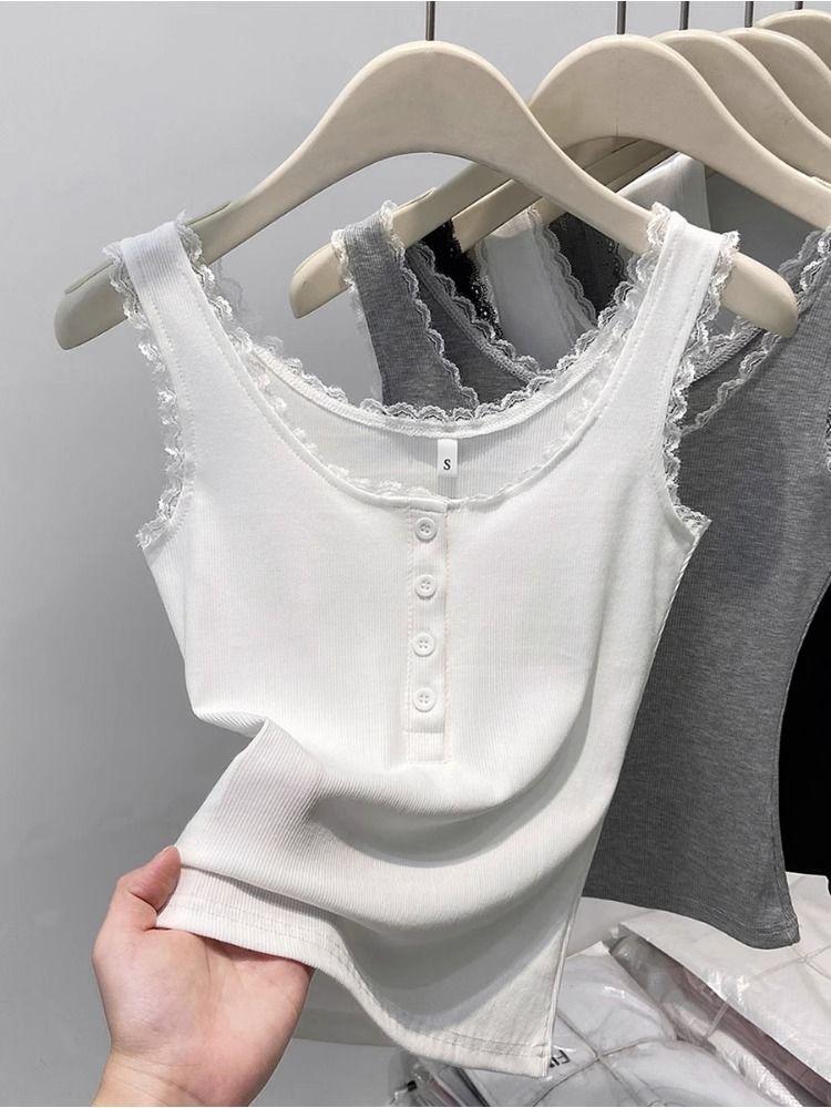 Koronkowe wykończenie, gładki prążkowany top na ramiączkach dla kobiet, wiosenny, zapinany na guziki, dekolt U, bez rękawów, dopasowany, prosty bawełniany podstawowy podkoszulek, słodkie topy Y2k