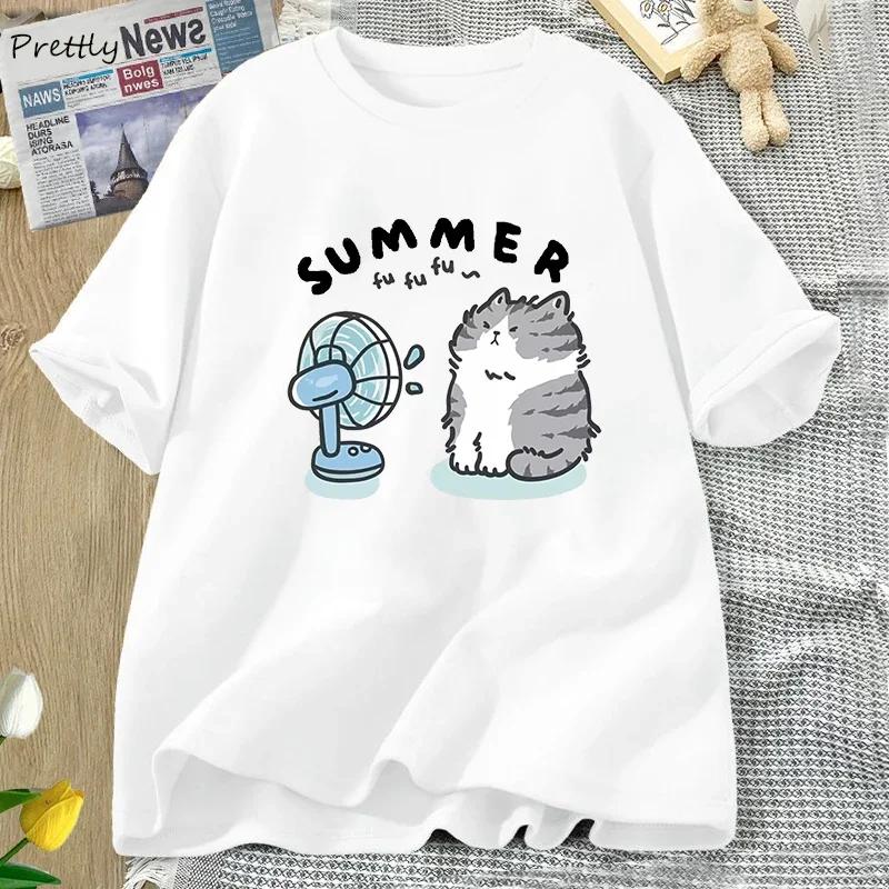 Summer Funny Cat and Fan Graphic T Shirts Women Men Short Sleeve T Shirt Harajuku Women's Clothing Female Streetwear Tops