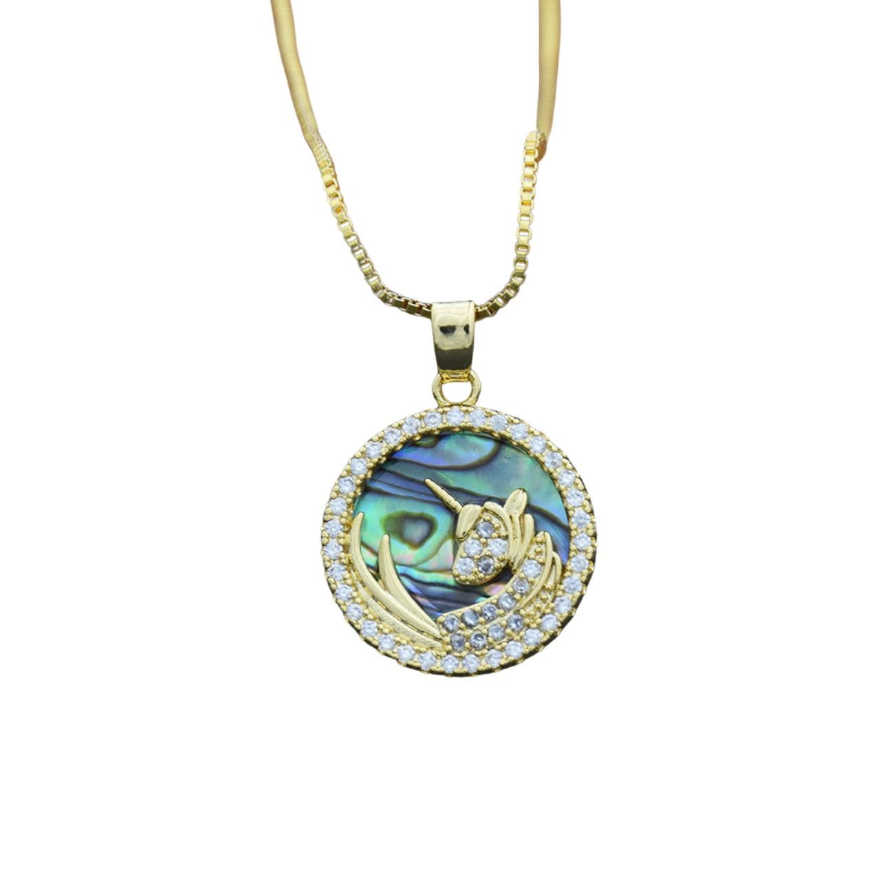 

[Sedona s Magic] Maiden s Guardian Unicorn Necklace (Avalon) Gold-colored Pendant with Abalone Shell Inlay and Zircon, Easy Adjustable Slide Pin