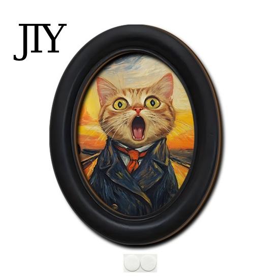 Modern Wood Wall Decoration Abstract Art Cat Decor, Oval 2D Framed Funny Painting Contemporary Birch Print, Vintage Ornament for Living Room