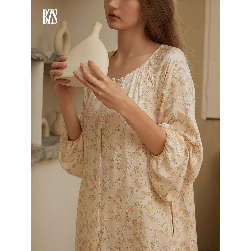 2024 Rayon Satin Long Sleeves Cardigan over the Knee Nightdress Robe Pastoral Print Korean Pajamas plus Size Homewear