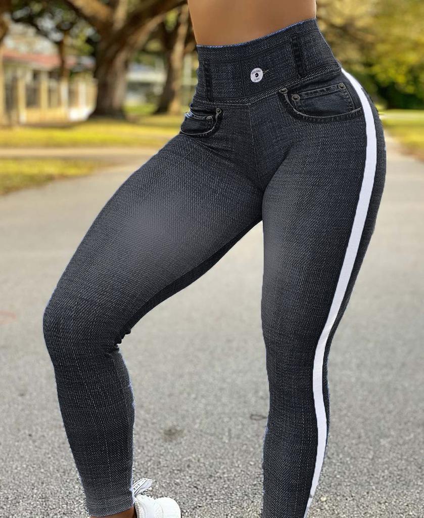 2024 Autumn Winter Women's High Waist High Elastic Imitation Denim Leggings Solid Color Fitness Sports Yoga Pants