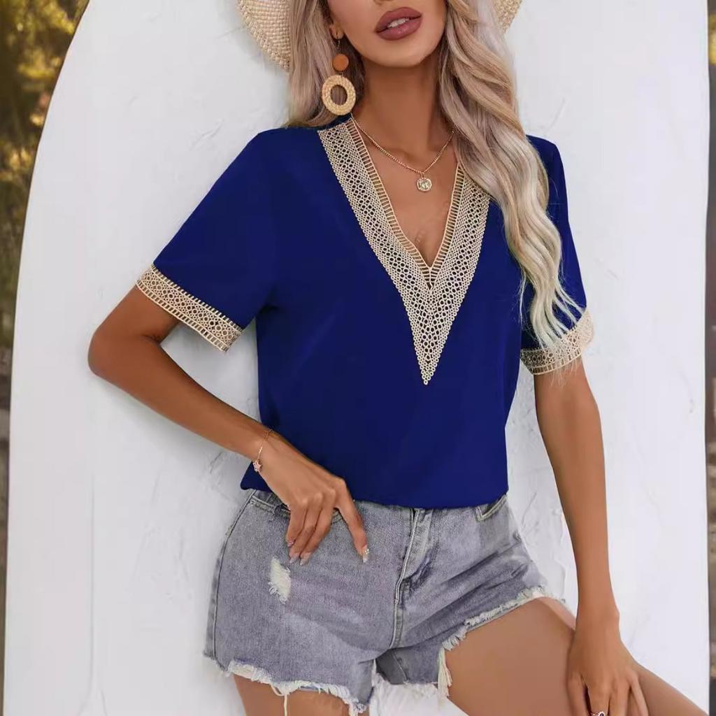 Summer Women's Lace Trim V-neck Short Sleeve T-shirt, European American Style Casual Tops For Women