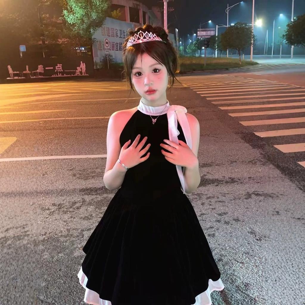 French pure desire temperament high waist and thin bow sleeveless dress small black short skirt