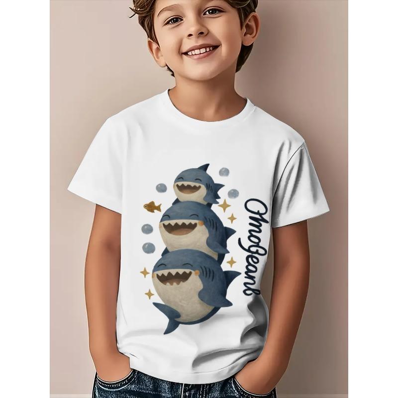 Boys White Summer Crewneck Tee, Cartoon 3 Stacked Sharks Print 110