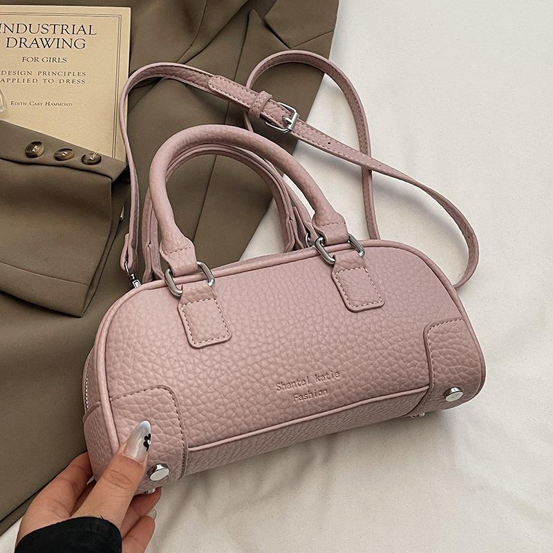 Popular Wholesale High-quality Lychee Pattern Portable Boston Bag Femininity Versatile Commuting Foreign Style Solid Color Messenger Bag